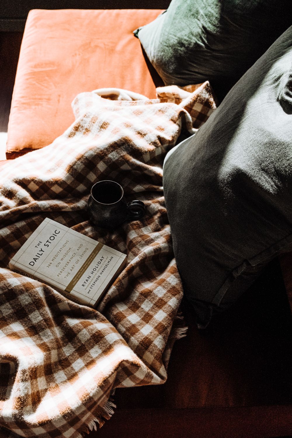 Buch, Kissen und Decke auf einem Sofa