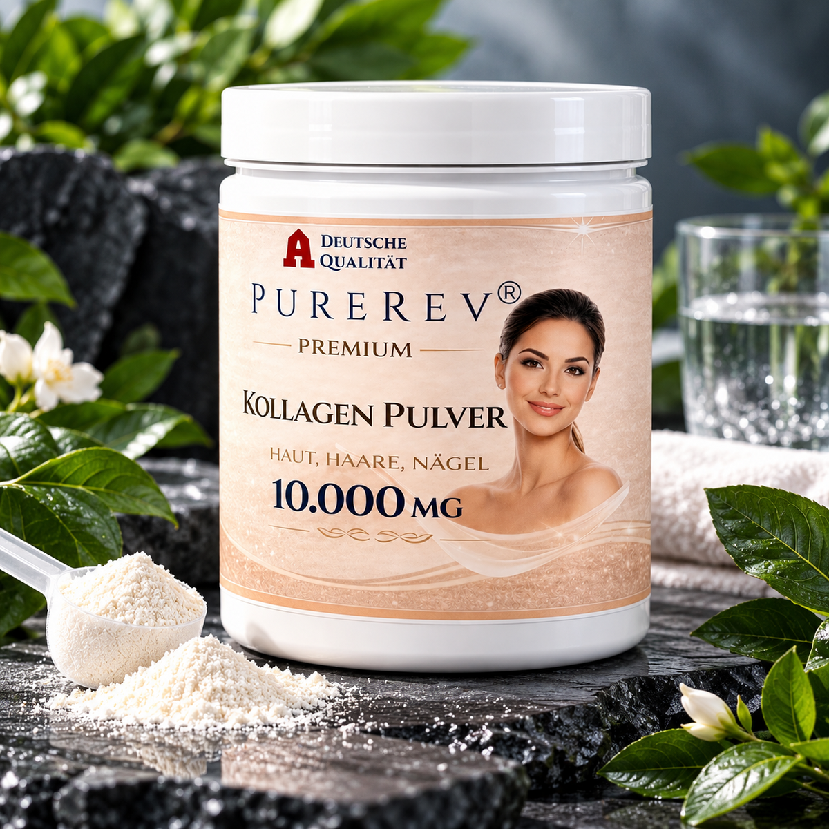 PureRev Kollagen Pulver 10.000 mg – natürliche Produktinszenierung